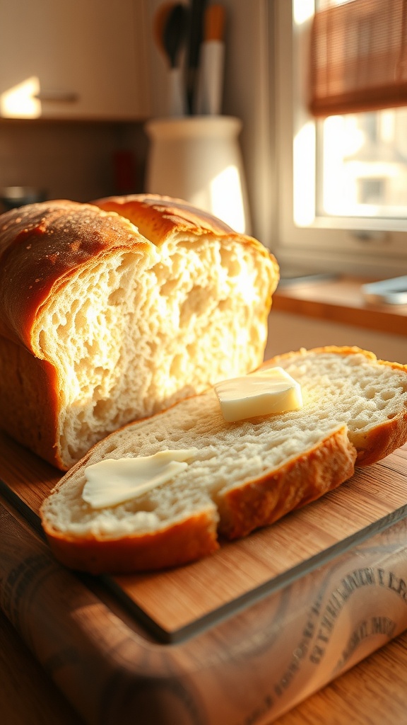A sliced loaf of homemade bread on a cutting board with melting butter on top, in a cozy kitchen setting.